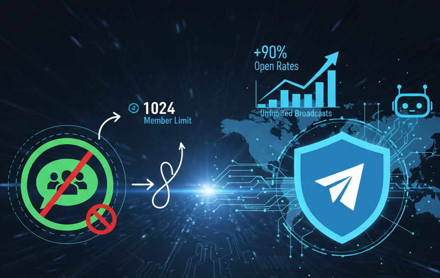 A futuristic digital comparison showing a brand migrating from WhatsApp to Telegram, featuring a sleek blue Telegram shield with rising growth charts, representing unlimited channel subscribers and advanced bot automation for businesses.