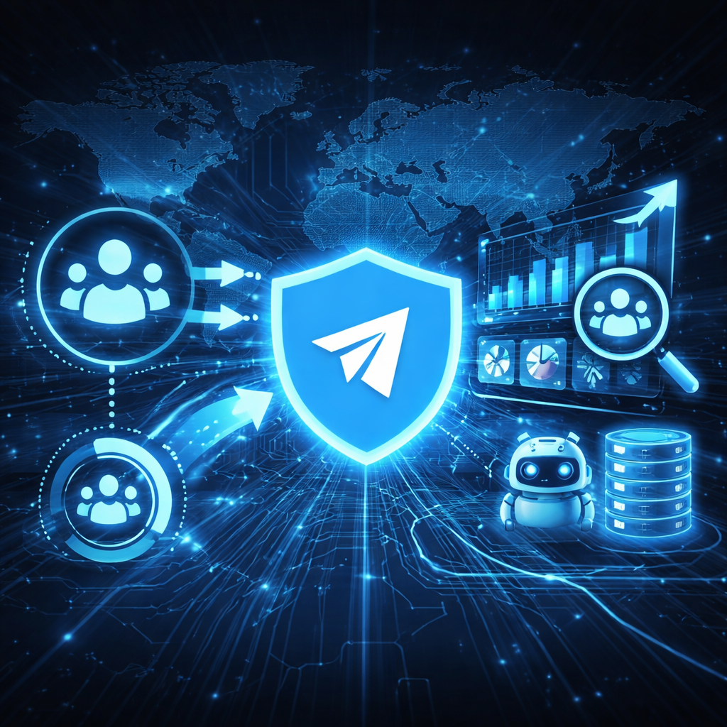 Digital marketing illustration showing Telegram members scraping and audience targeting analytics with growth charts and data network.