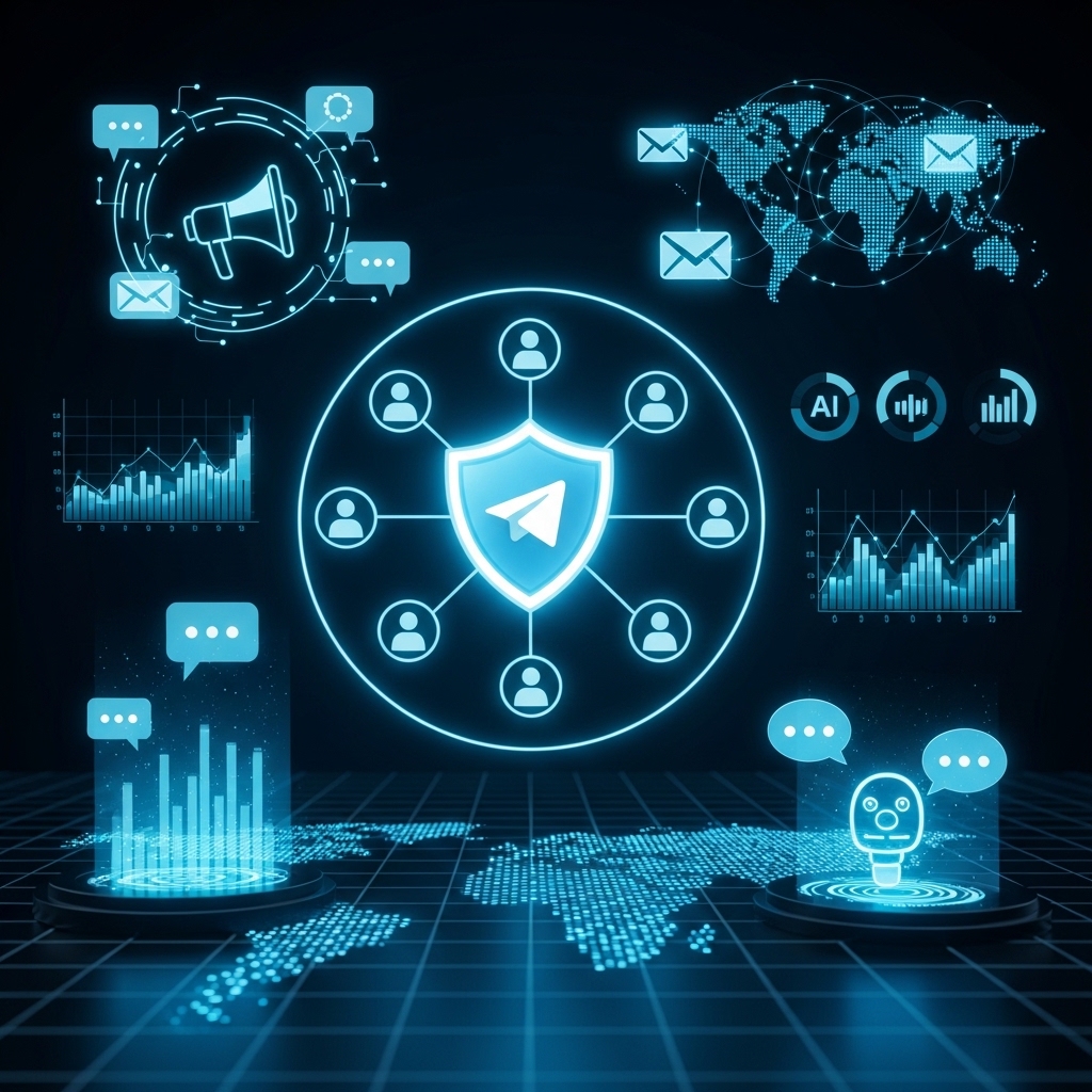 Digital marketing illustration showing Telegram marketing services with audience growth analytics and community engagement networks.