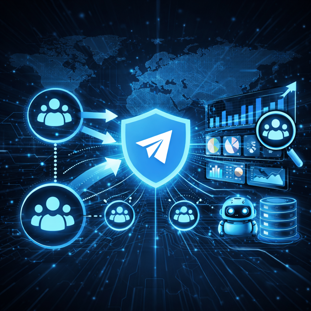 Futuristic Telegram marketing interface showing audience nodes, analytics dashboards, and data extraction from Telegram groups for community targeting.