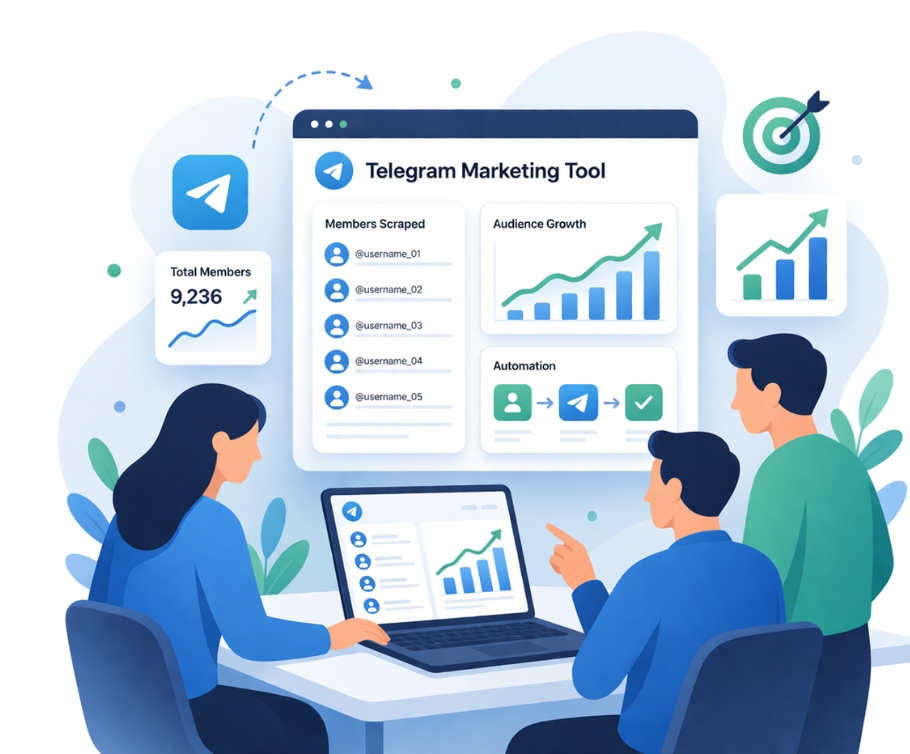 A Telegram marketing tool dashboard illustrating member scraping, automation workflows, and audience growth tracking