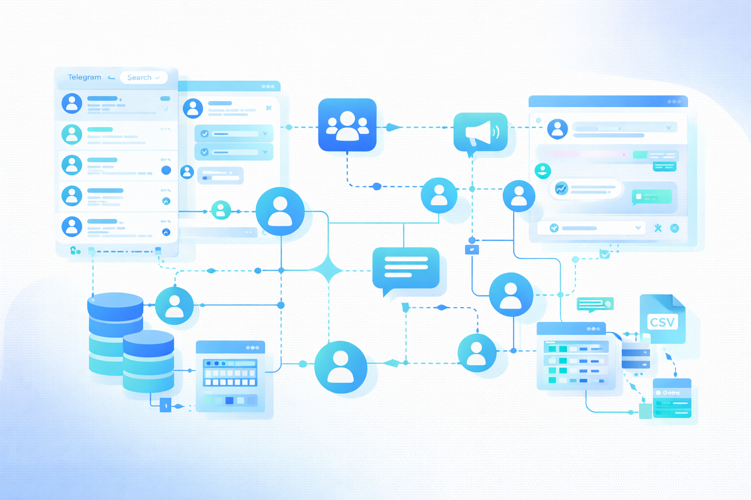 Flat vector illustration showing Telegram data structure with users, groups, channels, message flows, API connections, and database diagrams