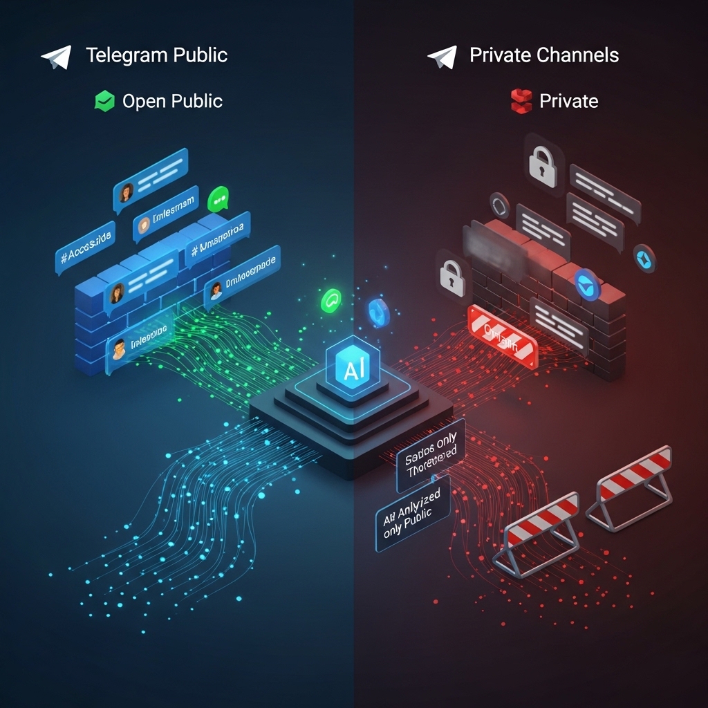 Infographic showing the difference between open public messaging and encrypted private channels, featuring lock icons, firewalls, and AI-driven data analysis.