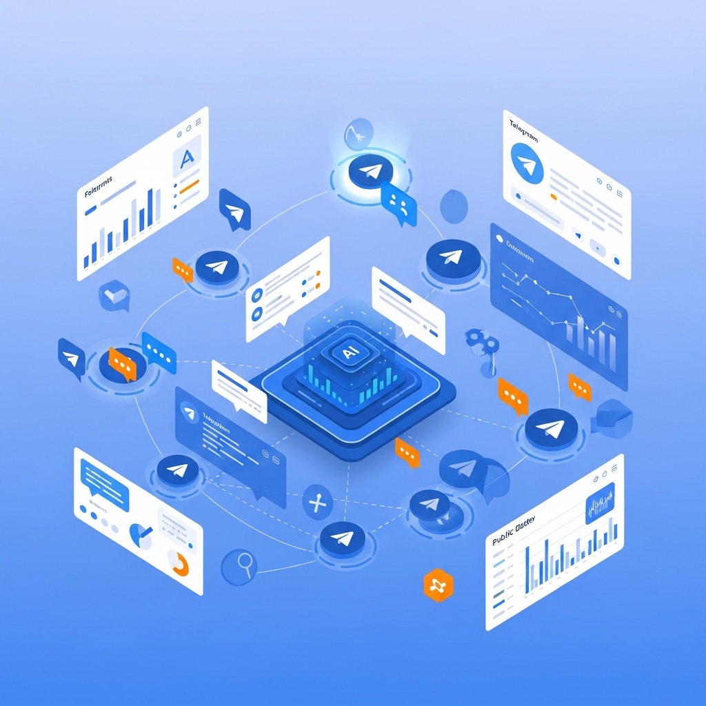 Conceptual digital artwork of a connected marketing workflow featuring Telegram integration, automated AI responses, and data visualization panels for tracking engagement and growth.