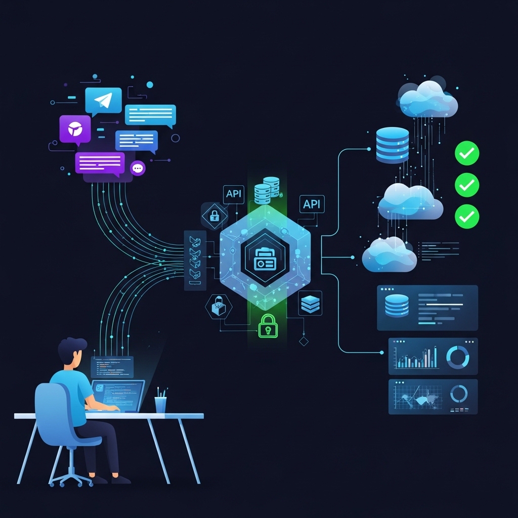 A technical illustration of a professional managing a digital workflow, featuring data streams connecting messaging icons, central API hubs, and cloud storage analytics.