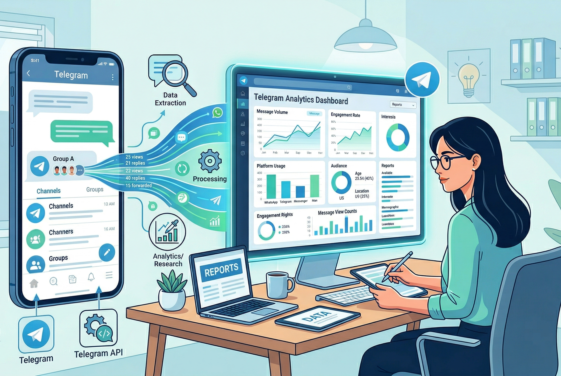 A vector illustration shows a woman analyzing data from a Telegram-themed smartphone flowing into a computer analytics dashboard.